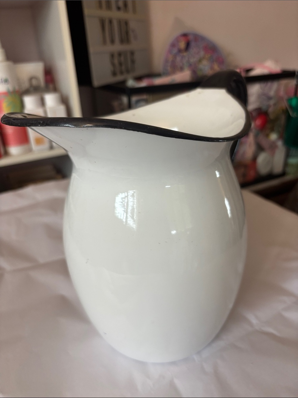 White Metal Vessel with Black Rim